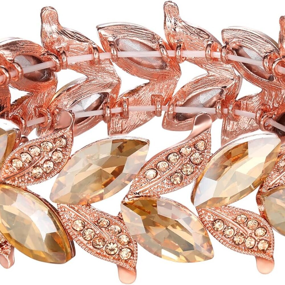 Women's Wedding Bridal Crystal Marquise-Shape Leaf Stretch Bangle Bracelet